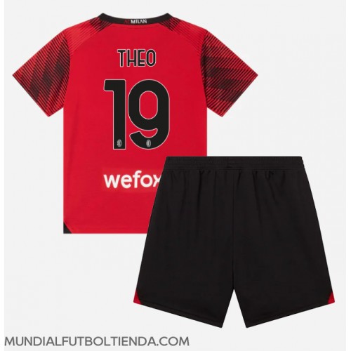 Camiseta AC Milan Theo Hernandez #19 Primera Equipación Replica 2023-24 para niños mangas cortas (+ Pantalones cortos)
